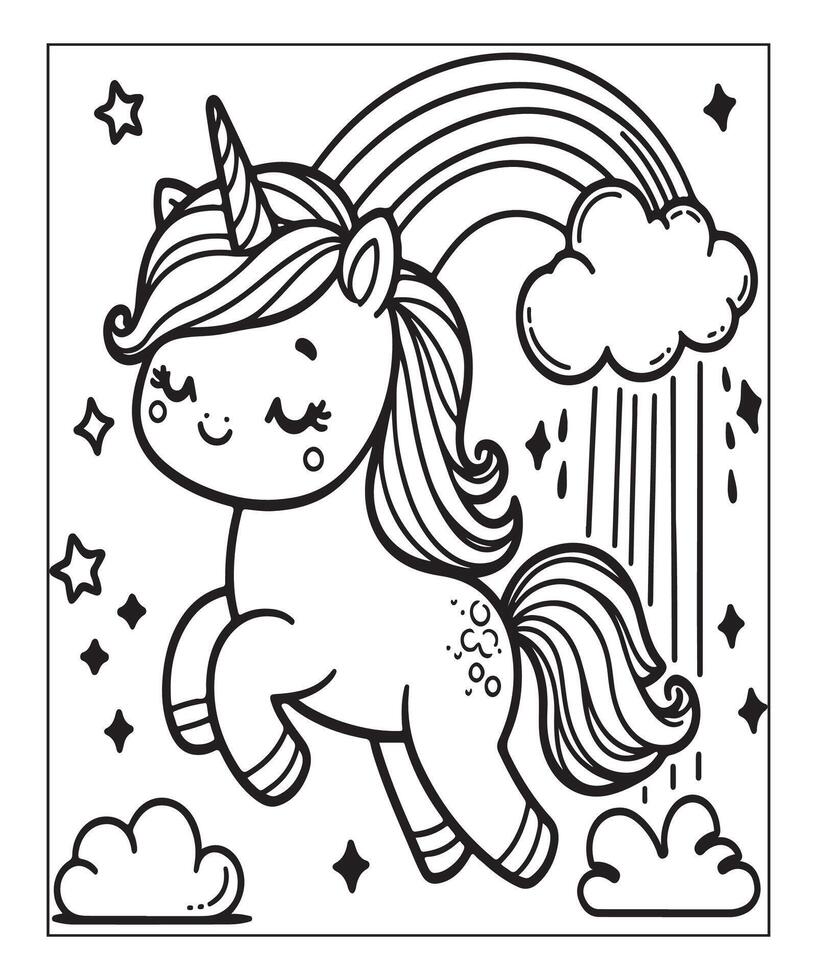 unicorno con nube colorazione pagina per bambini vettore