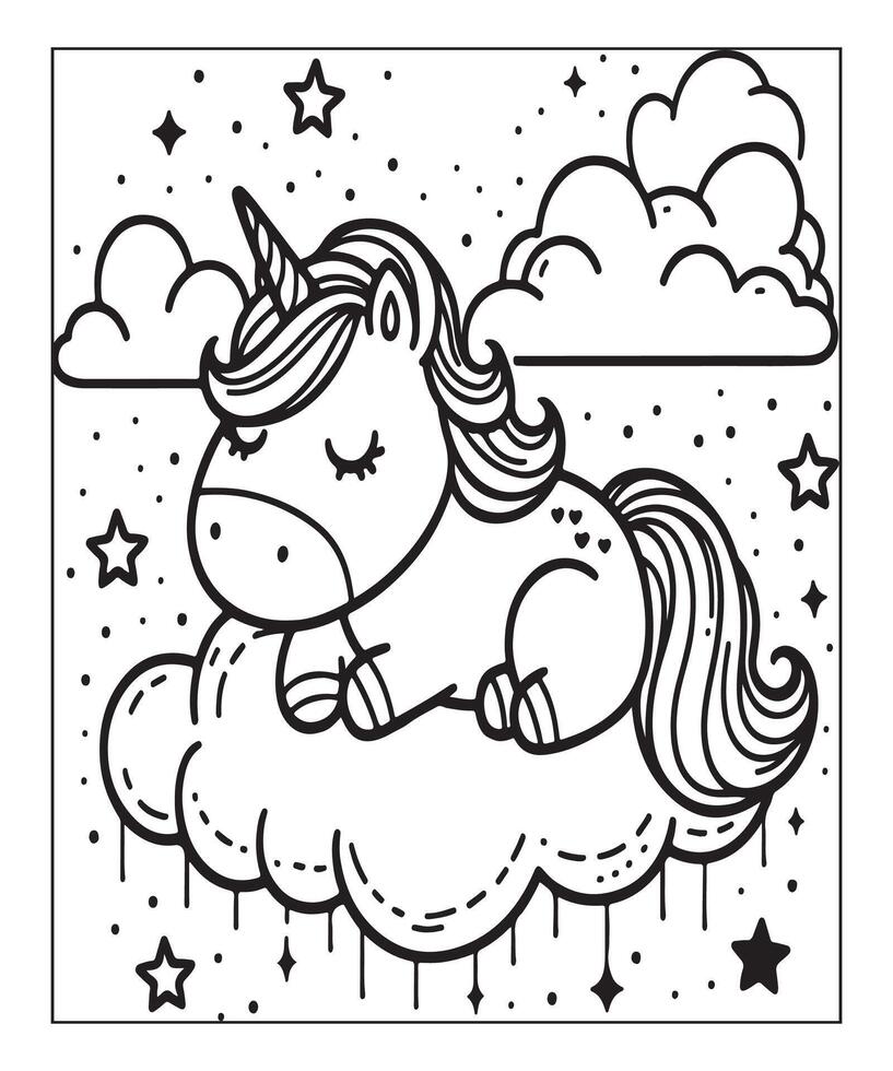 unicorno con nube colorazione pagina per bambini vettore