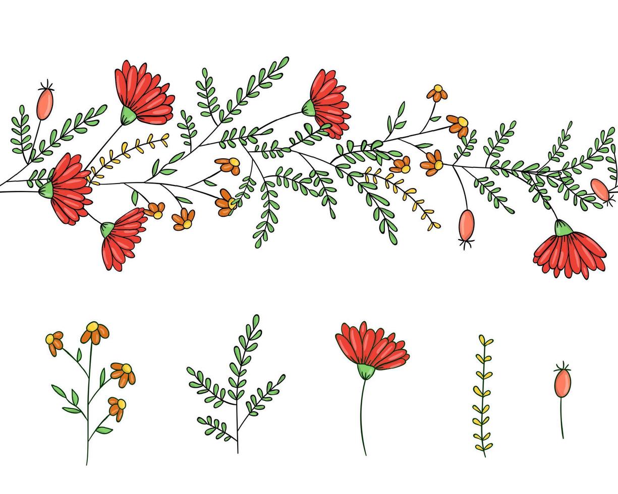 set vettoriale di elementi di design per piante da giardino e pennello pattern con margherita stilizzata e garofano. illustrazione disegnata a mano in stile cartone animato. simpatici modelli estivi o primaverili per matrimoni, vacanze o biglietti