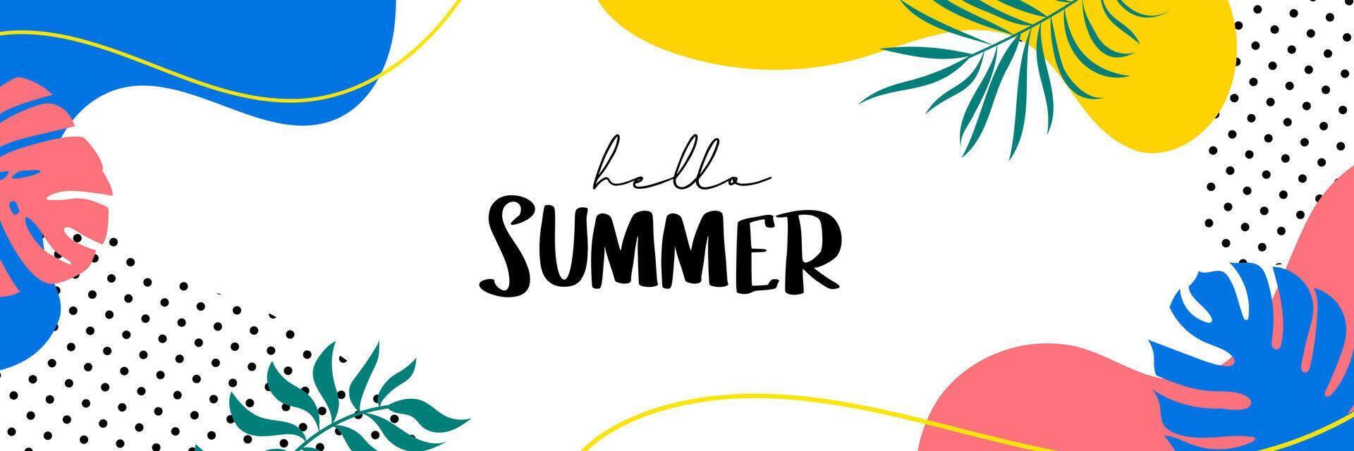 Ciao estate banner design mano disegnato stile. estate con scarabocchi e oggetti elementi sfondo. vettore