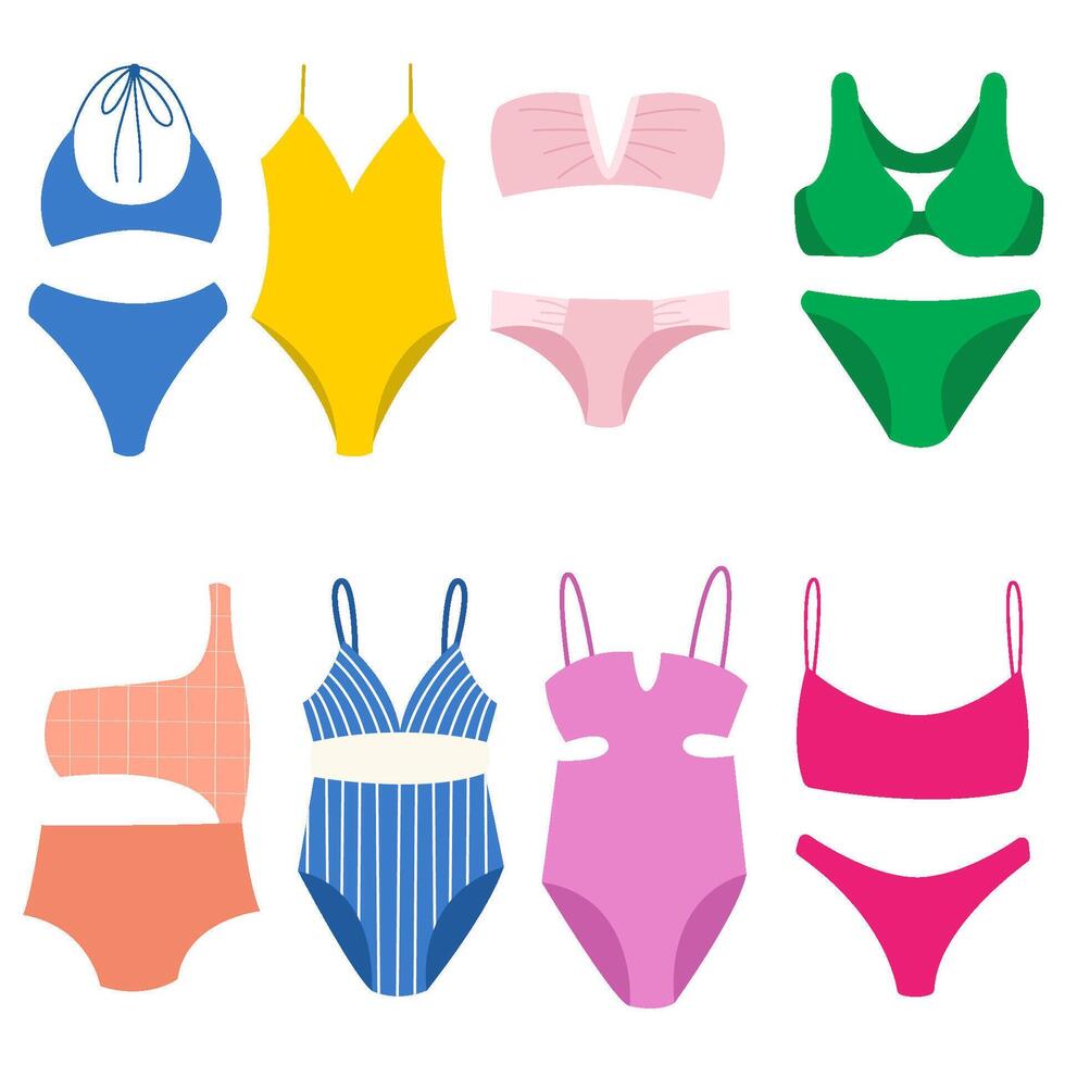 impostato di donna costumi da bagno. costumi da bagno cime e reggiseno, mutandine e estate vacanza capi di abbigliamento moda. vettore