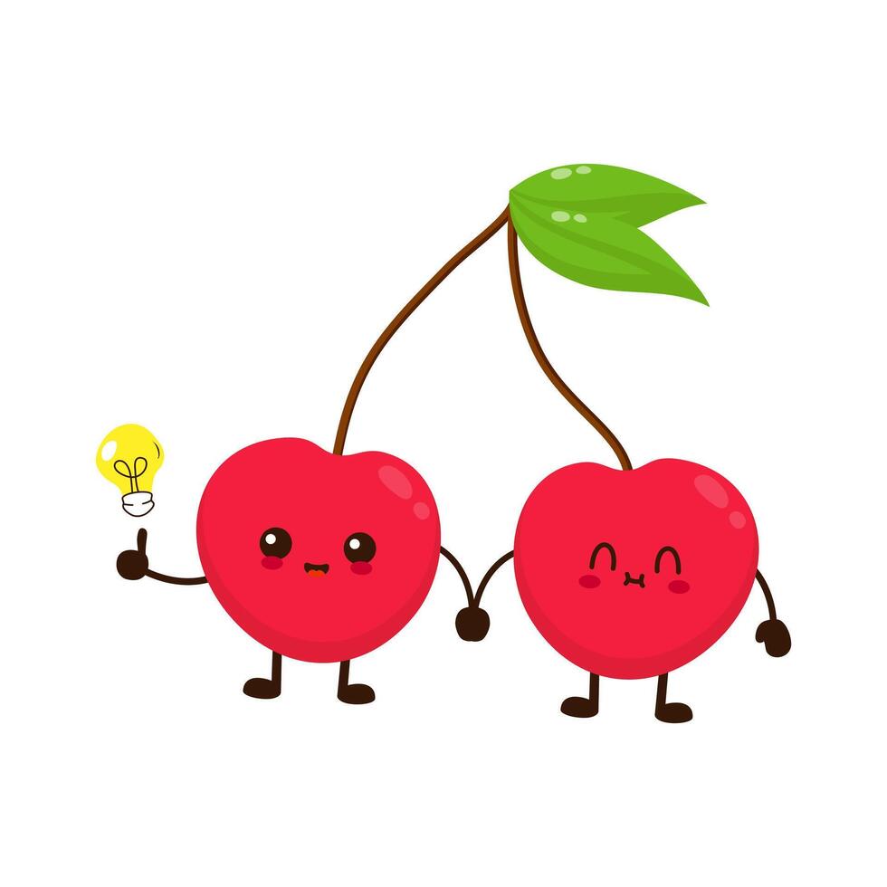 carino divertente cartone animato ciliegia frutta con idea leggero lampadina vettore