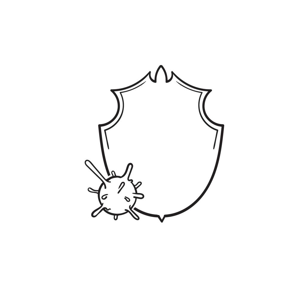 virus disegnato a mano e icona scudo isolato su bianco vettore