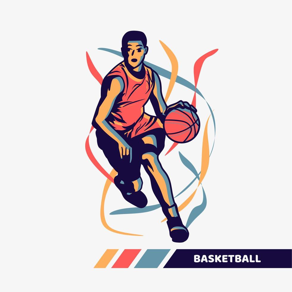 illustrazione vettoriale uomo che gioca a basket con grafica vettoriale in movimento a colori