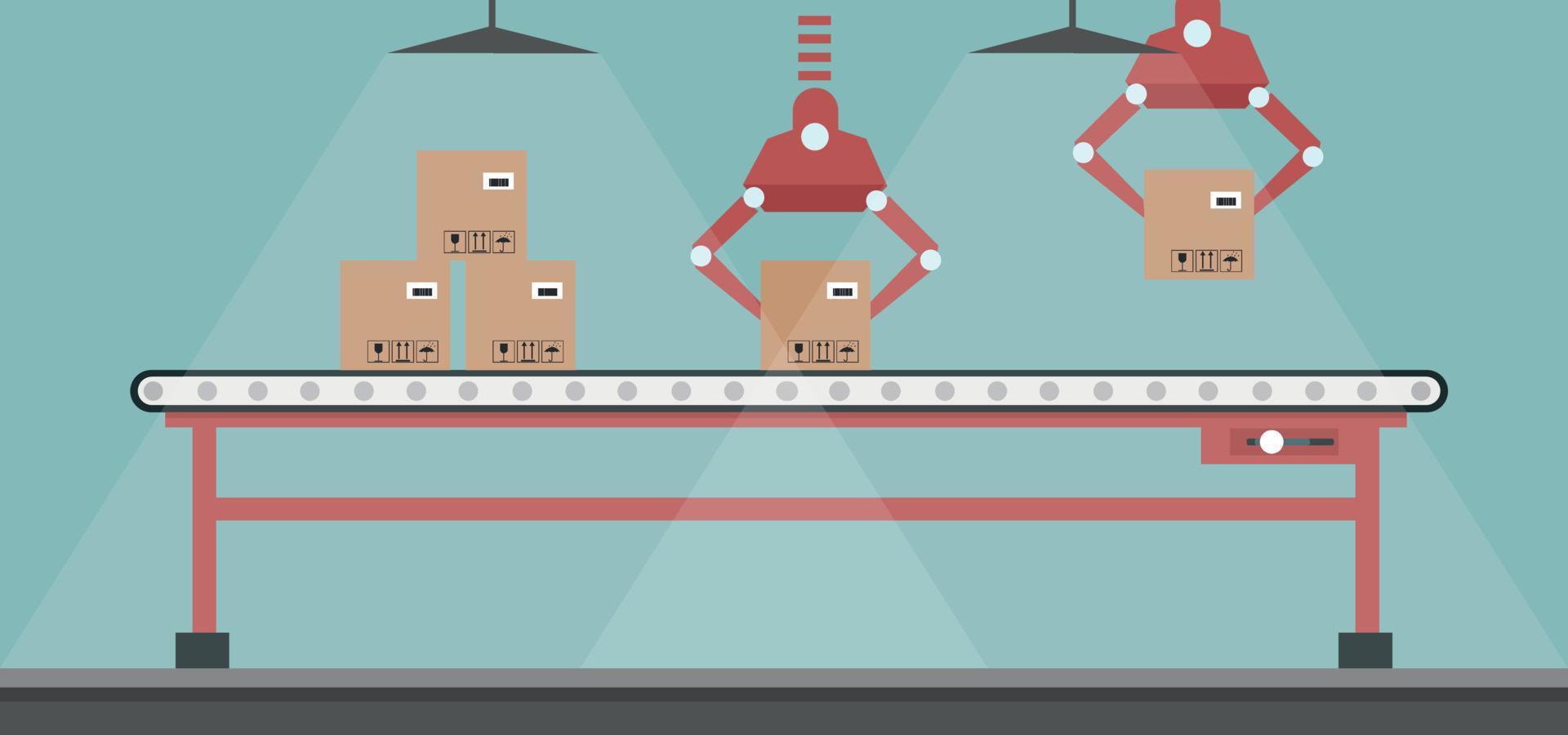 progettazione di una linea di produzione automatizzata con bracci robotici. rulli trasportatori automatizzati vettore