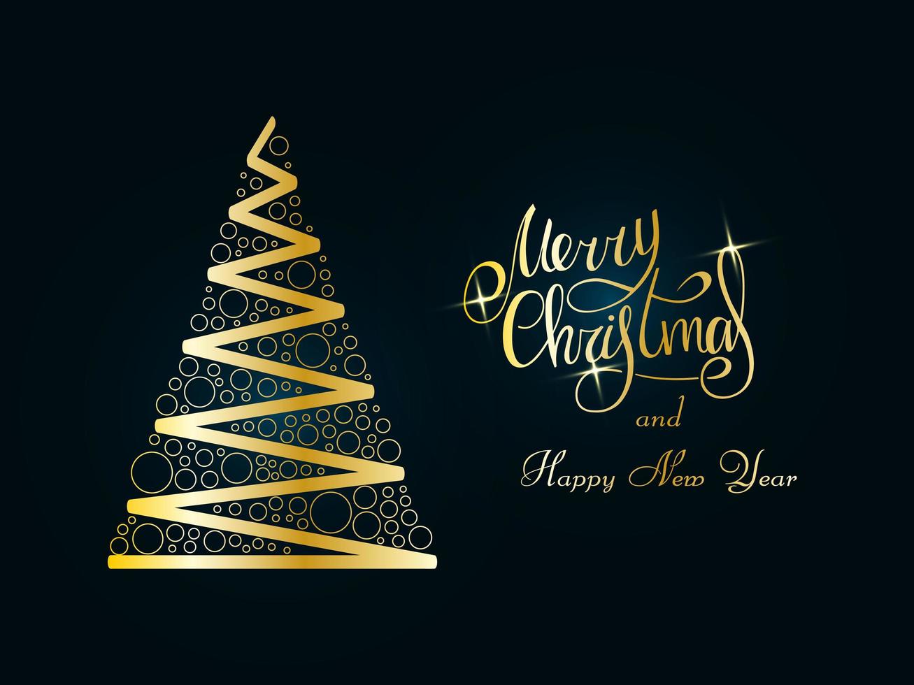 lettere dorate scritte a mano su uno sfondo blu scuro. magico albero di Natale dorato fatto di nastro e cerchi. buon natale e felice anno nuovo 2022. vettore