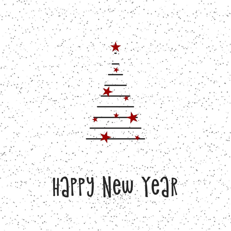 sagoma nera di un albero di natale con neve grigia e stelle rosse. buon natale e felice anno nuovo 2022. illustrazione vettoriale. vettore