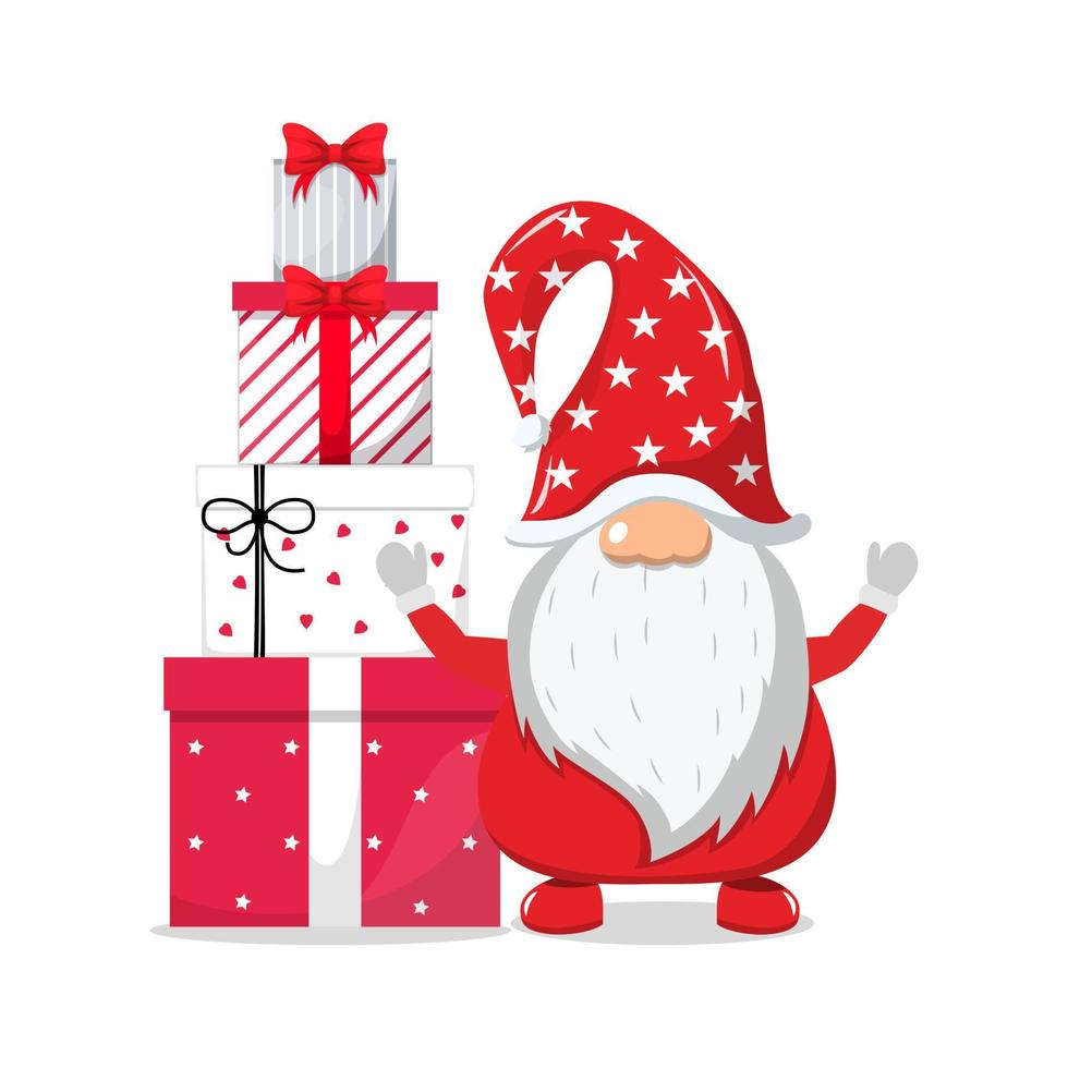 simpatico bellissimo personaggio di babbo natale che indossa un abito natalizio e saluta colorato e in piedi e saluta con scatole regalo vettore