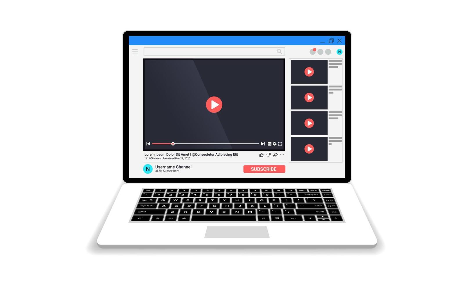 illustrazione vettoriale dello schermo di un laptop che mostra un sito Web di condivisione video. perfetto per elementi di design di promozioni di corsi online, annunci di canali video e webinar educativi.