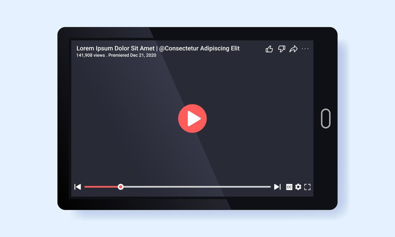 illustrazione vettoriale di un sito Web di un lettore video accessibile tramite un dispositivo tablet. adatto per l'elemento di design del mock up del lettore video e il layout dell'interfaccia utente dell'app video.