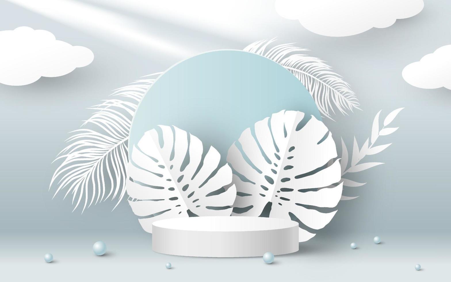 podio di prodotto bianco vuoto e foglie di monstera tropicale di carta su sfondo blu illustrazione vettoriale 3d