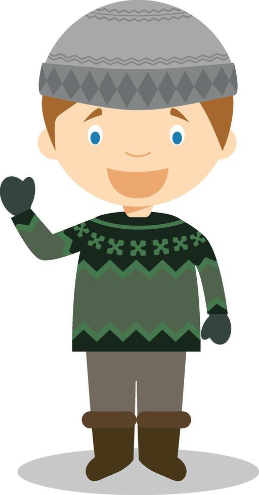 personaggio a partire dal Islanda vestito nel il tradizionale modo con il tipico lopapeysa maglione. illustrazione. bambini di il mondo collezione. vettore