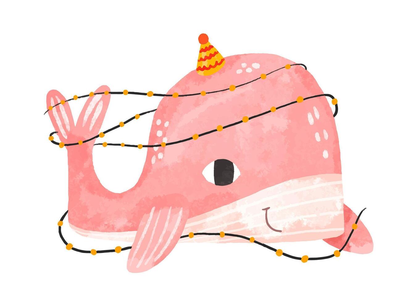 impostato di rosa balena nel un' festivo berretto con un' torta e i regali. pesce c vettore