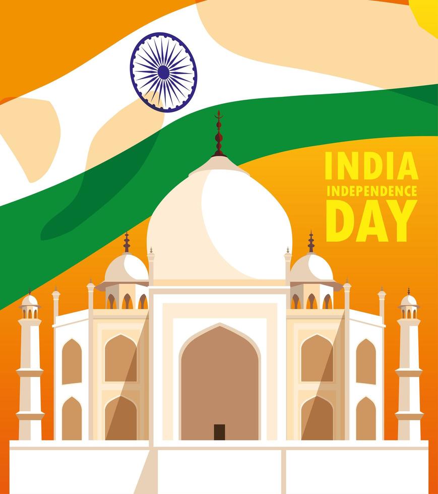 poster del giorno dell'indipendenza indiana con bandiera e moschea taj majal vettore