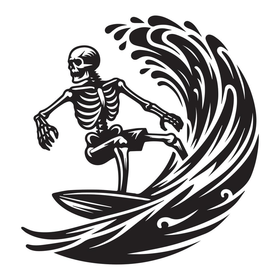 scheletro - surfer scheletro equitazione un' onda illustrazione su un' bianca sfondo vettore