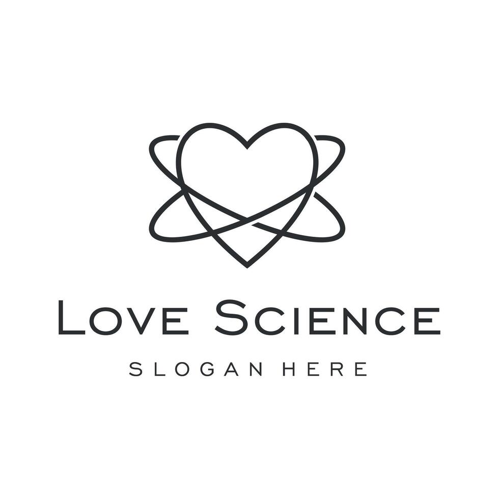 atomo simbolo con cuore forma schema icona amore scienza logo design vettore