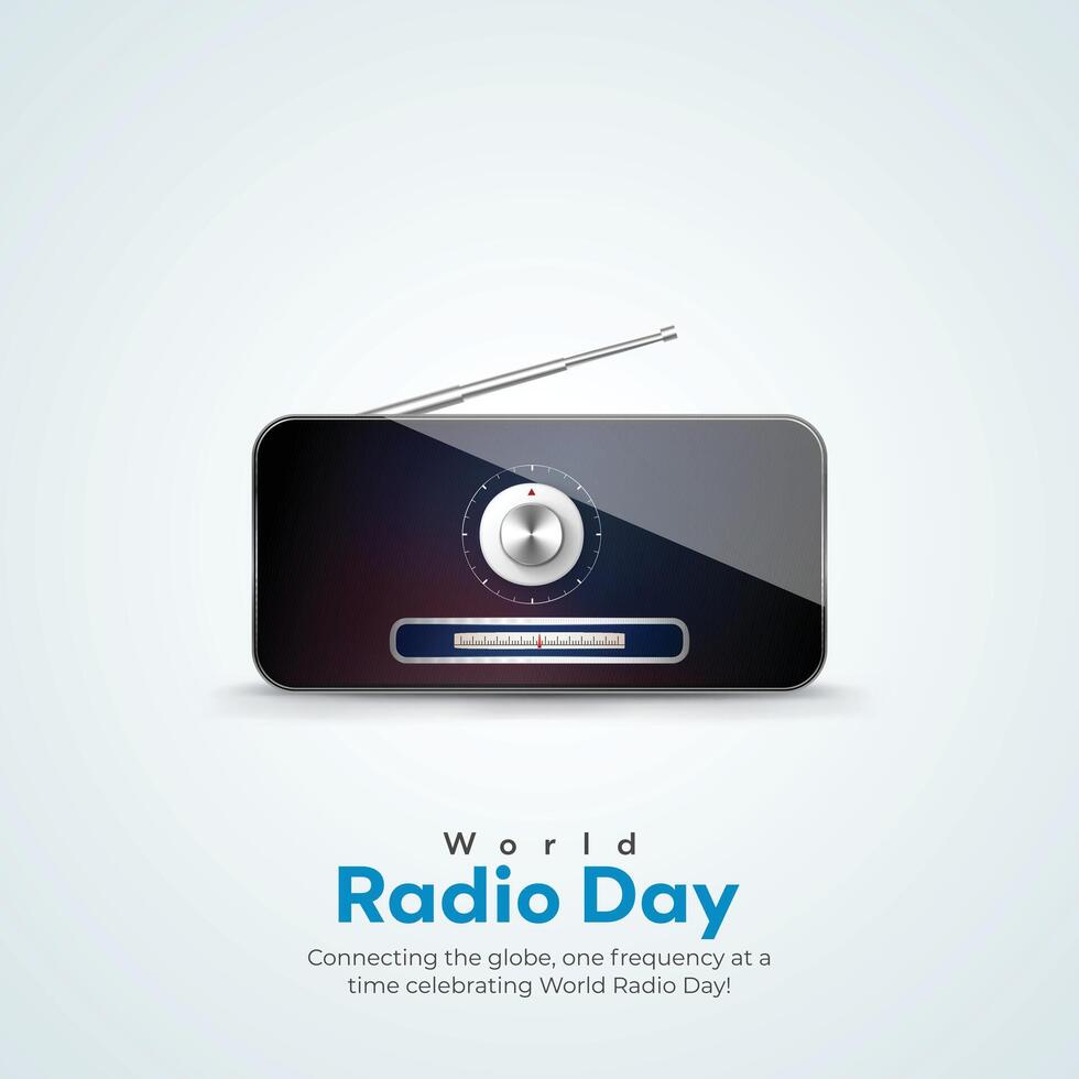 mondo Radio giorno creativo Annunci design. febbraio 13 Radio giorno sociale media manifesto 3d illustrazione. vettore