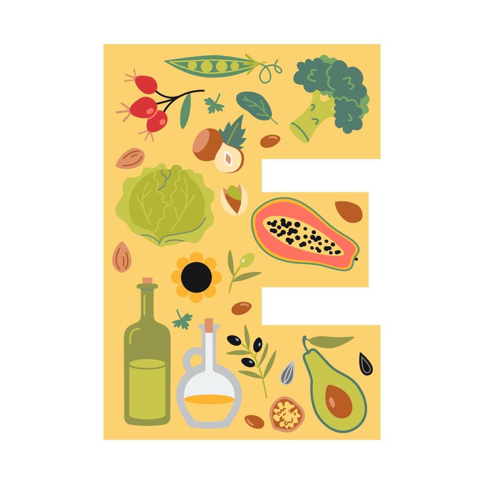 vitamina e fonti cibo nel e lettera forma. frutta, la verdura, noccioline, frutti di bosco e oli impostare. isolato cartone animato illustrazione, piatto vettore