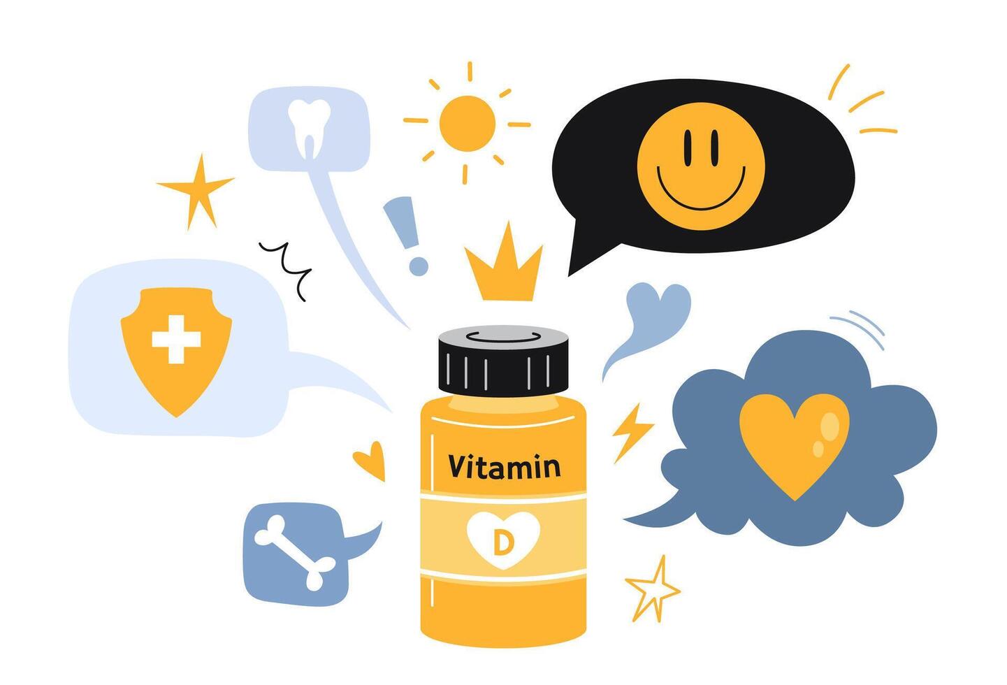 vitamina d benefici, vaso di compresse e discorso bolla. supporto di il immune, cardiovascolare sistema, bene umore, salutare denti e ossa. isolato cartone animato illustrazione, piatto vettore