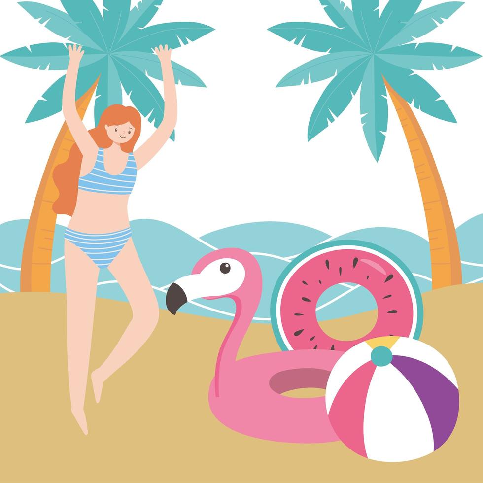 Estate donna con fenicottero palla galleggiante palme mare spiaggia vacanza turismo vettore
