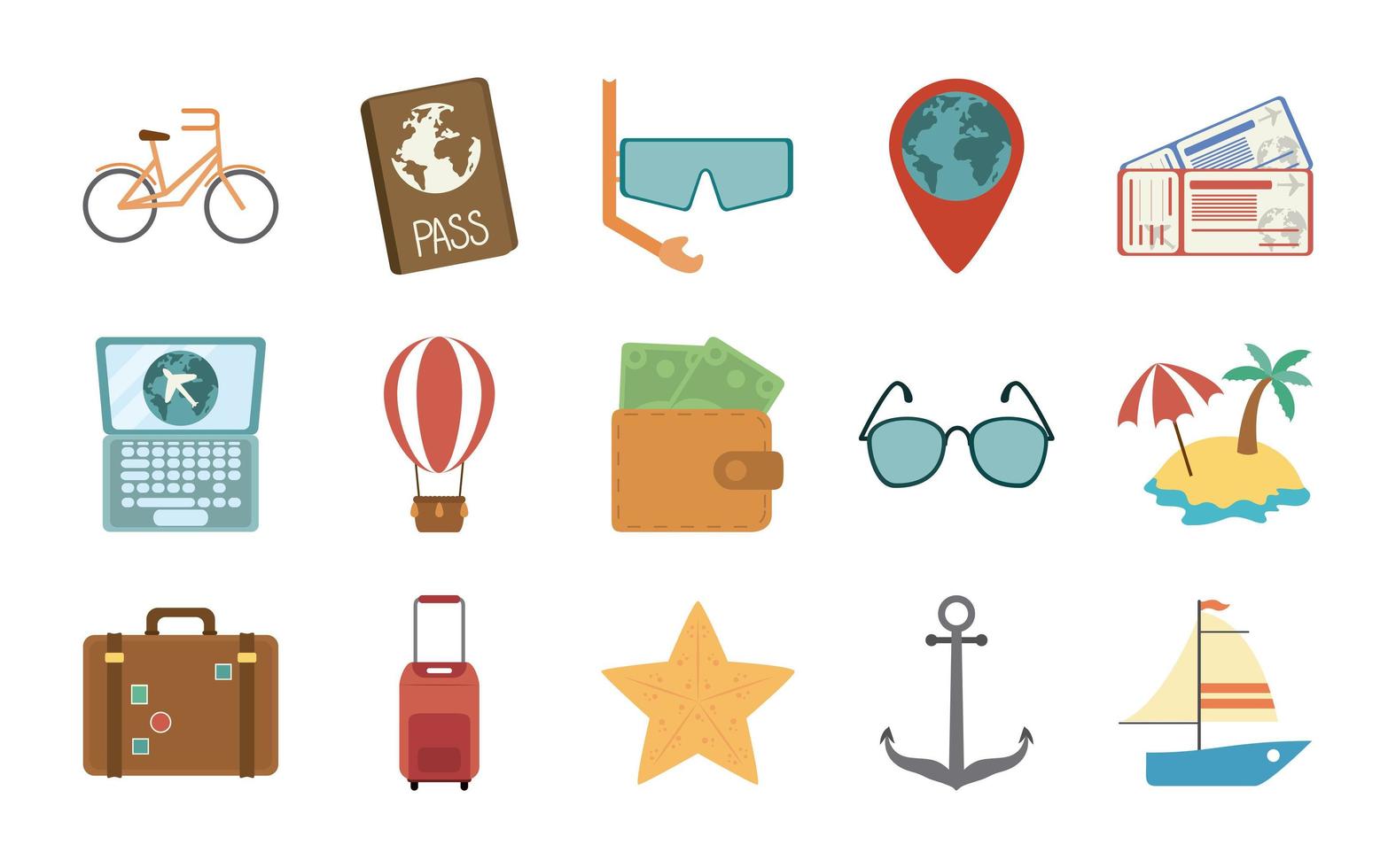 viaggi estivi e vacanze in set di icone isolate stile piatto vettore