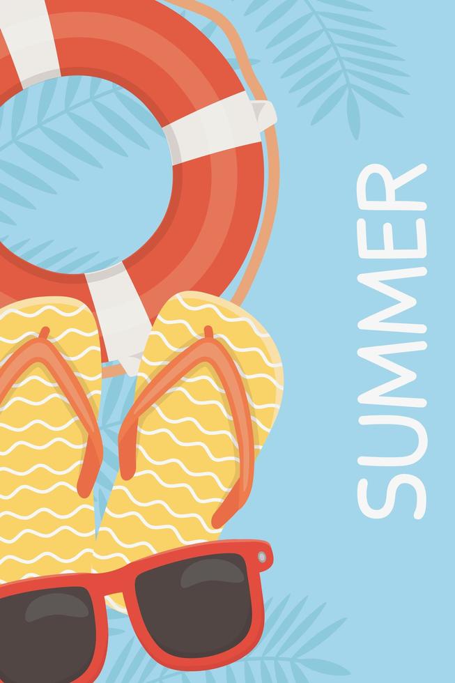 le infradito estive per i viaggi e le vacanze galleggiano e gli occhiali da sole banner vettore