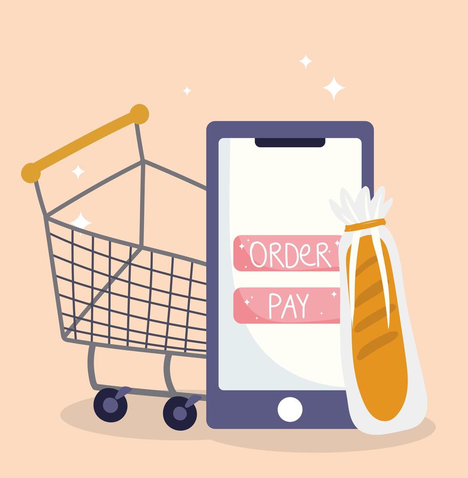 mercato online, carrello della spesa per smartphone e pane, consegna di cibo nel negozio di alimentari vettore