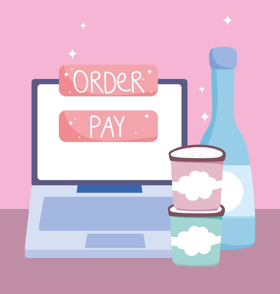 mercato online, pulsante di pagamento ordine laptop consegna cibo in drogheria vettore