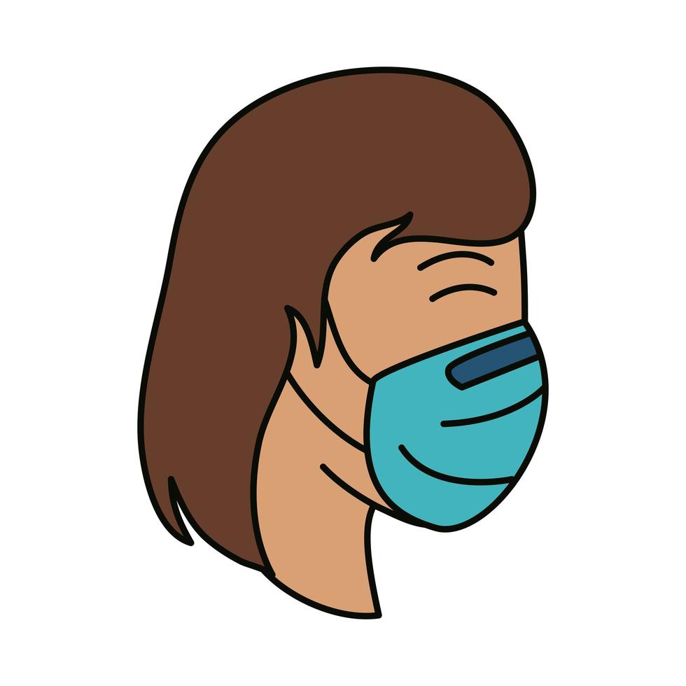 covid 19 coronavirus, donna con maschera medica, prevenzione della diffusione della malattia pandemica icona stile piatto vettore