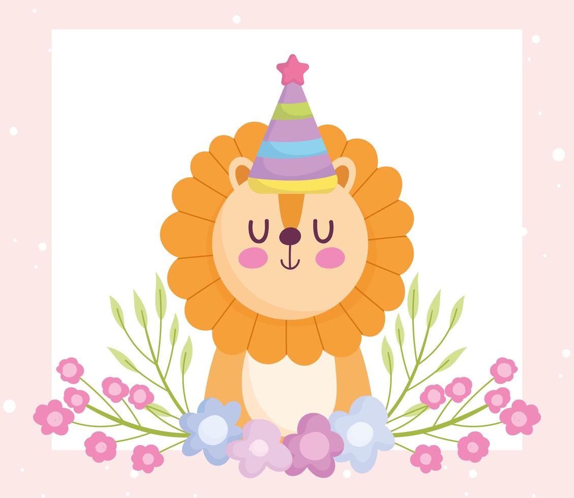baby shower, leone carino con cappello da festa e cartoni animati di fiori, annuncio biglietto di benvenuto per neonati vettore