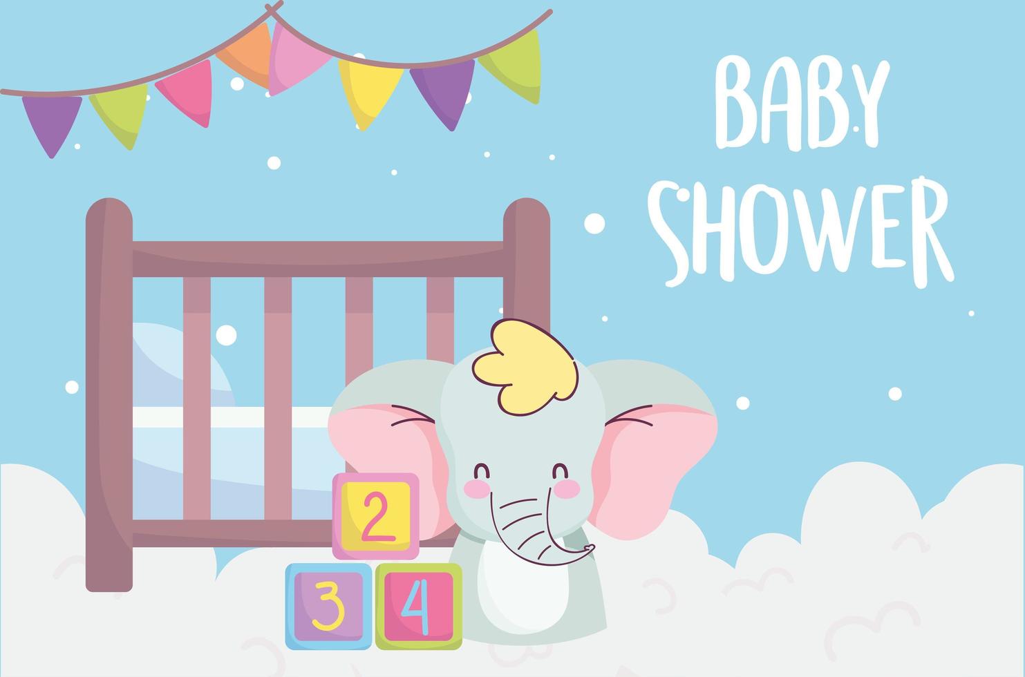 baby shower, simpatica culla per elefanti blocca la decorazione delle nuvole, annuncia il biglietto di benvenuto del neonato vettore