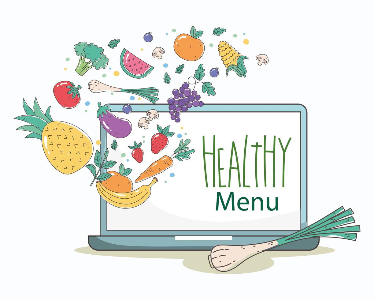 menu online laptop mercato fresco cibo sano biologico con frutta e verdura vettore