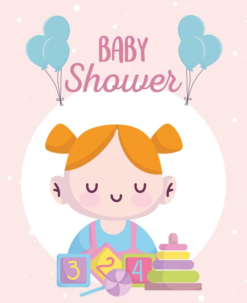 baby shower, bambina carina con blocchi di caramelle e cartone animato piramidale, annuncia il biglietto di benvenuto del neonato vettore