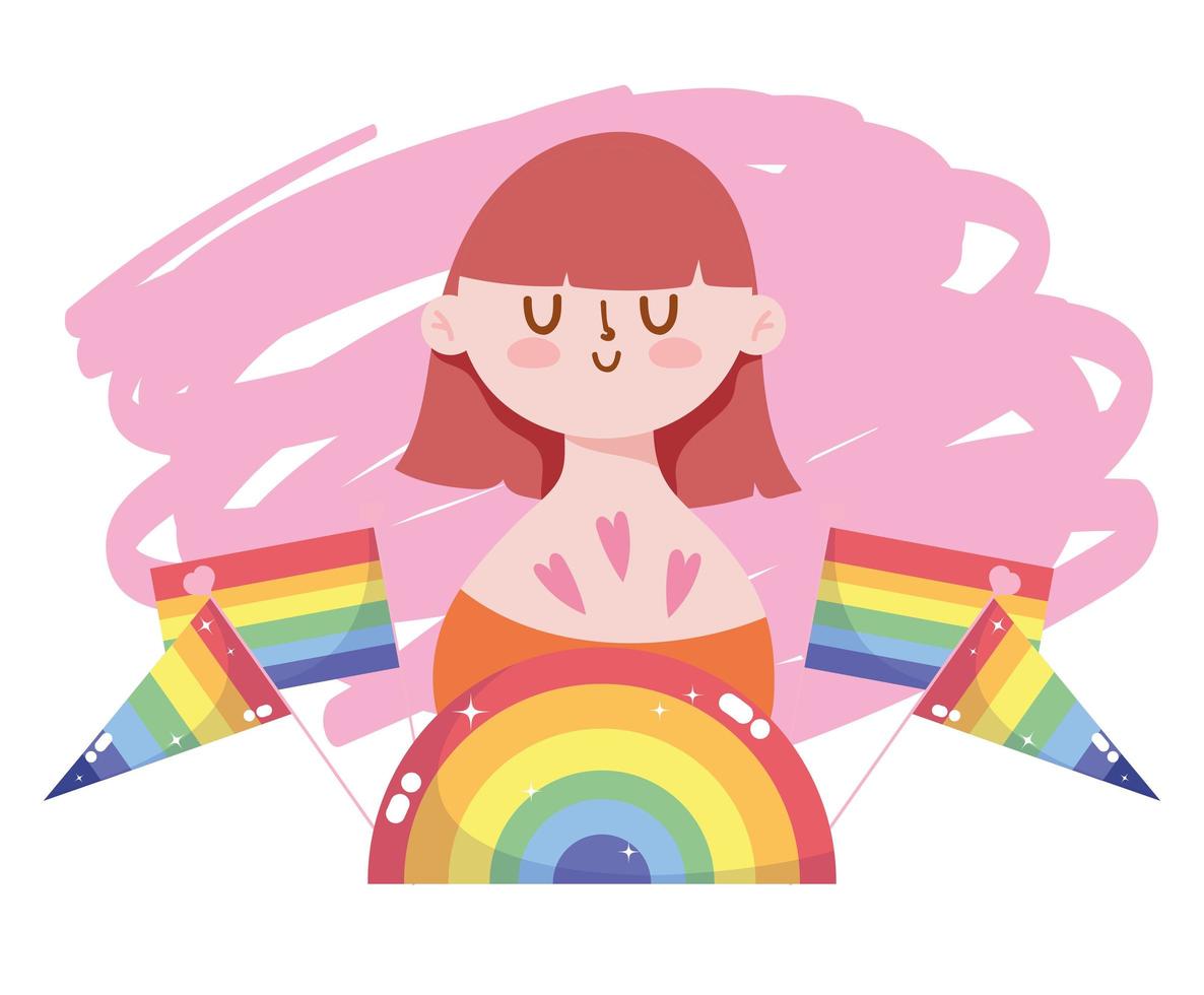 cartone animato ragazza con bandiere lgtbi e mezzo sigillo timbro disegno vettoriale