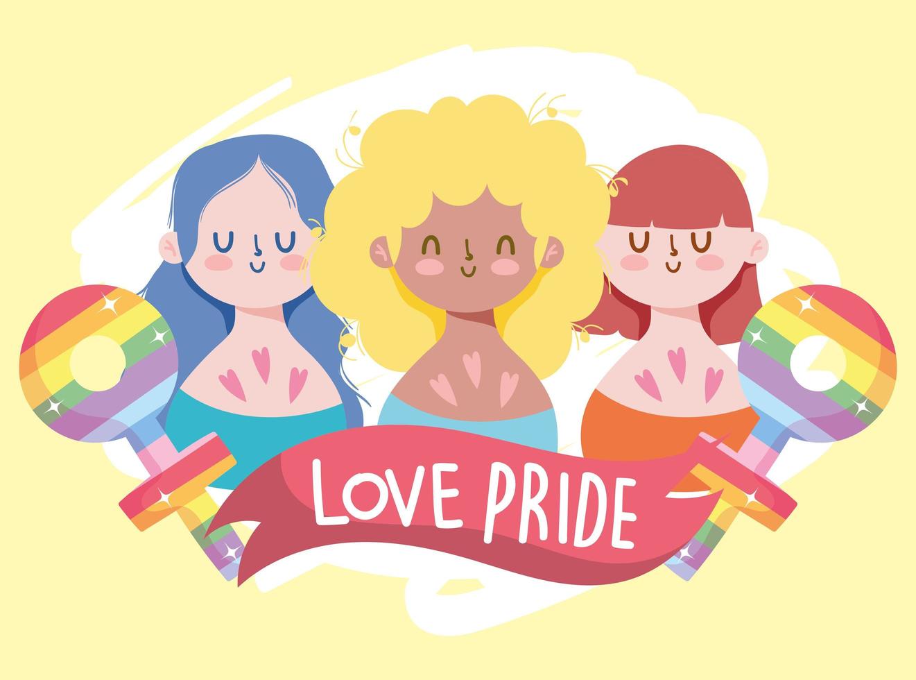 cartoni animati di ragazze con lgtbi genere femminile e maschile con disegno vettoriale del nastro