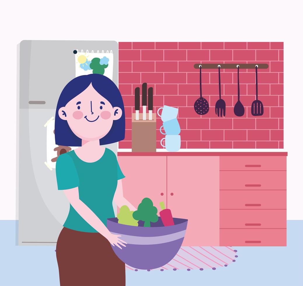 persone che cucinano, donna con ciotola di verdure coltelli posate in cucina vettore
