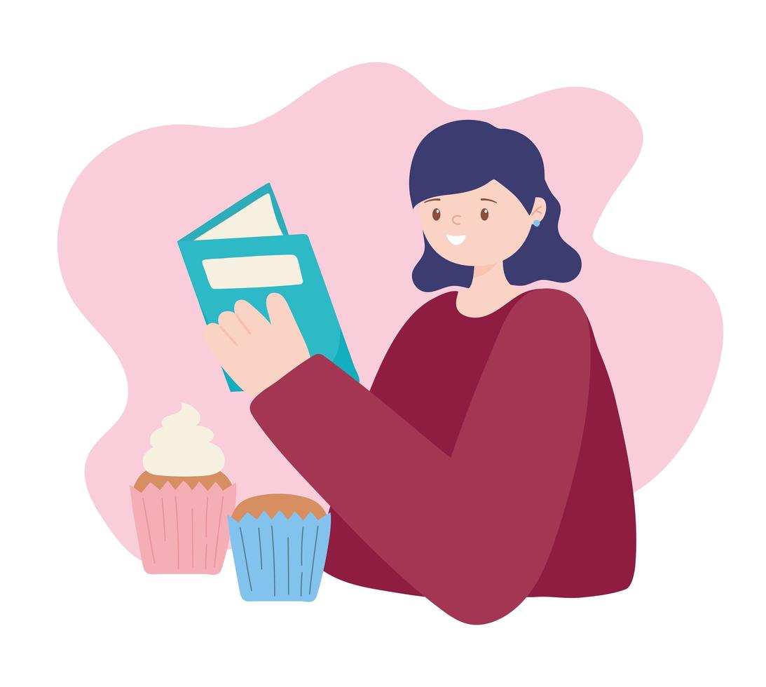 ragazza che legge un libro e dolci cupcakes vettore