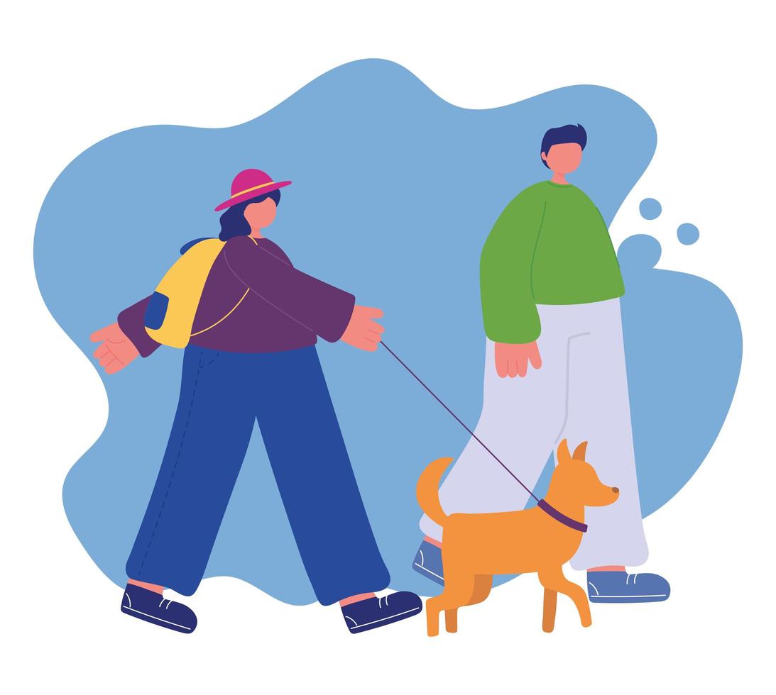 attività di persone, coppia che cammina con il suo cartone animato mascotte cane vettore
