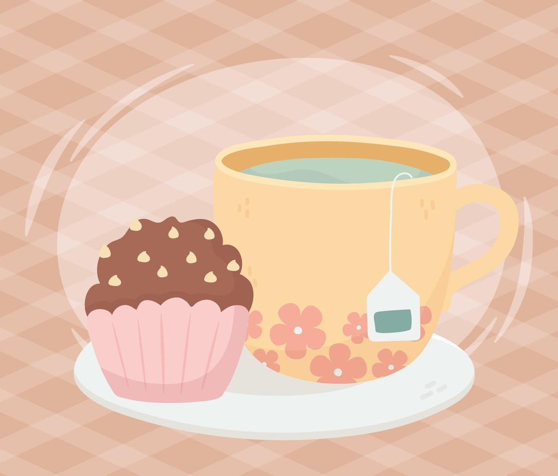 ora del tè, tazza e cupcake dolce nel design del piatto vettore