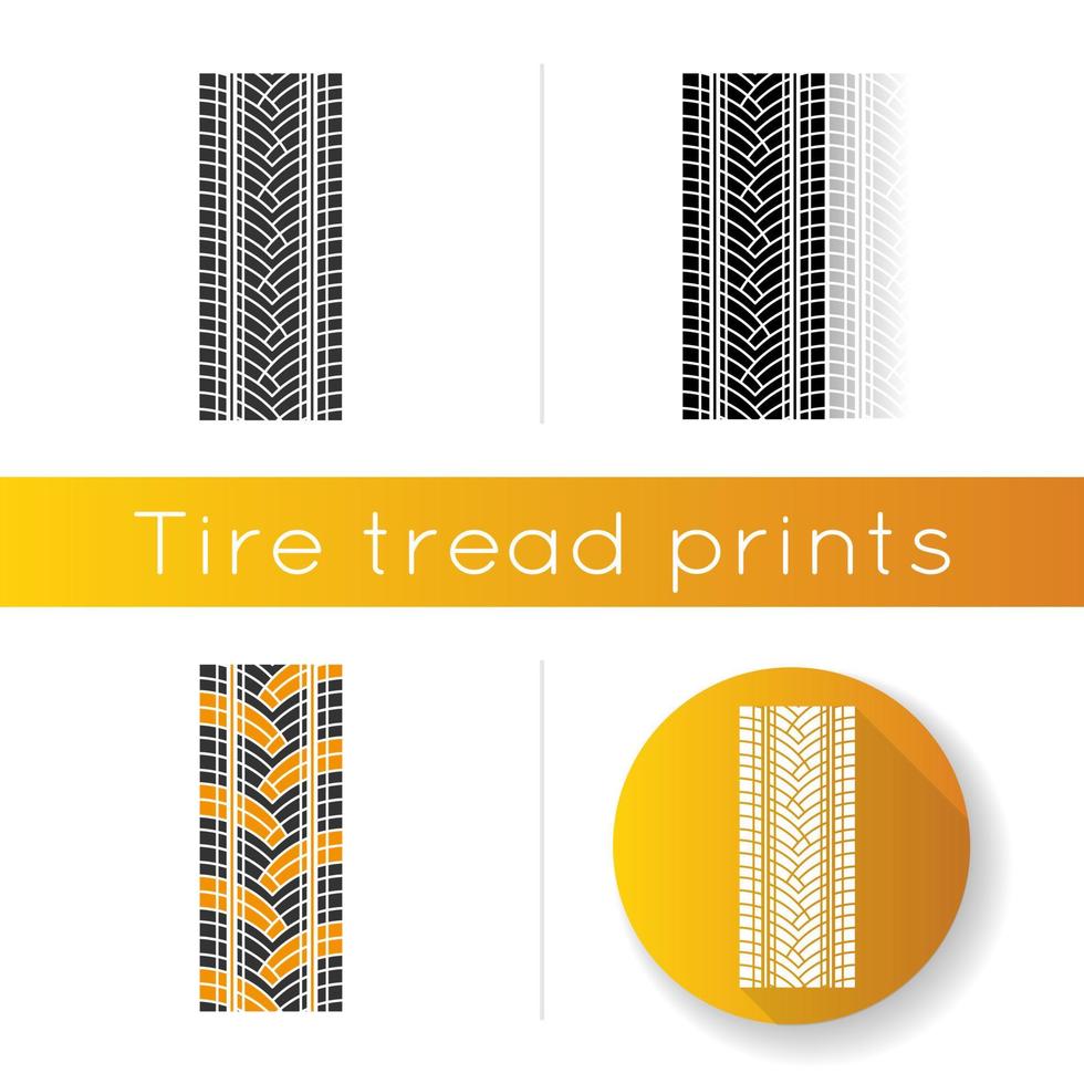 traccia battistrada icona. automobili dettagliate, segni di pneumatici stradali per motociclette. stampa di ruote estive per auto. pista di pneumatici per veicoli. stili di colore lineare nero e rgb. illustrazioni vettoriali isolate