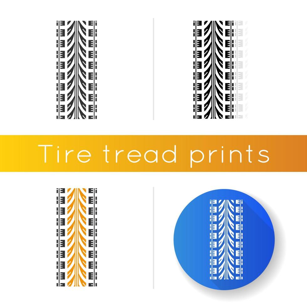 icona di tracce di ruota. automobili dettagliate, segni di pneumatici per motociclette. stampa della ruota dell'auto con scanalature spesse. pista di pneumatici per veicoli. stili di colore lineare nero e rgb. illustrazioni vettoriali isolate