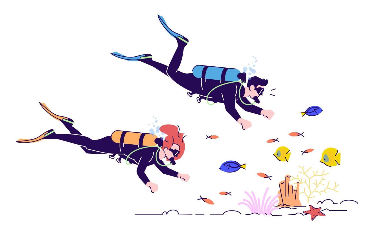 paio di subacquei piatto doodle illustrazione. persone che osservano i pesci di barriera. nuoto sott'acqua. attività dell'acqua. sport estremi. Indonesia turismo personaggio dei cartoni animati 2D con contorno per uso commerciale vettore