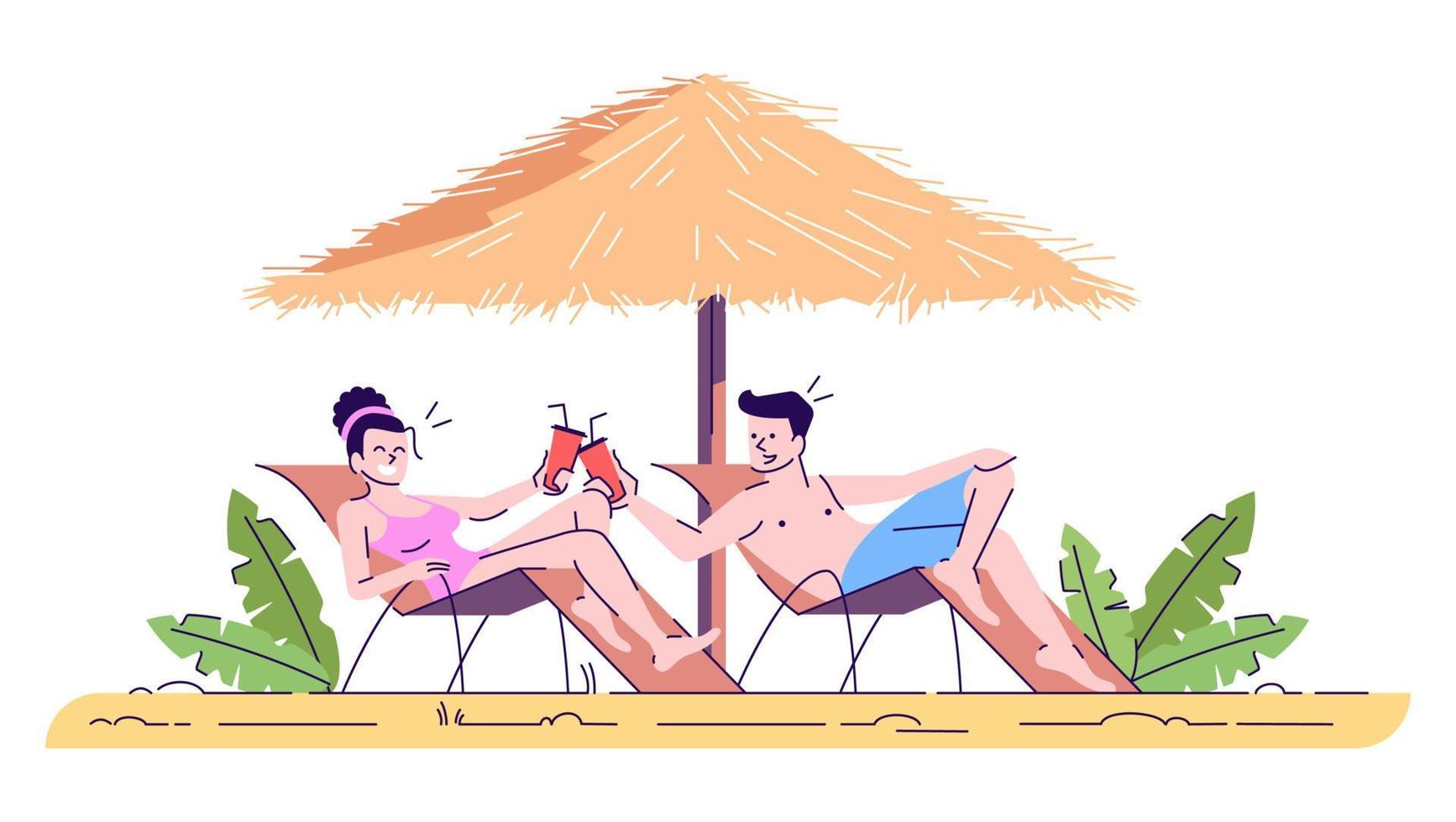 coppia sulla spiaggia piatto doodle illustrazione. uomo e donna sui lettini che bevono bevande. vacanze estive. paese esotico. Indonesia turismo personaggio dei cartoni animati 2D con contorno per uso commerciale vettore