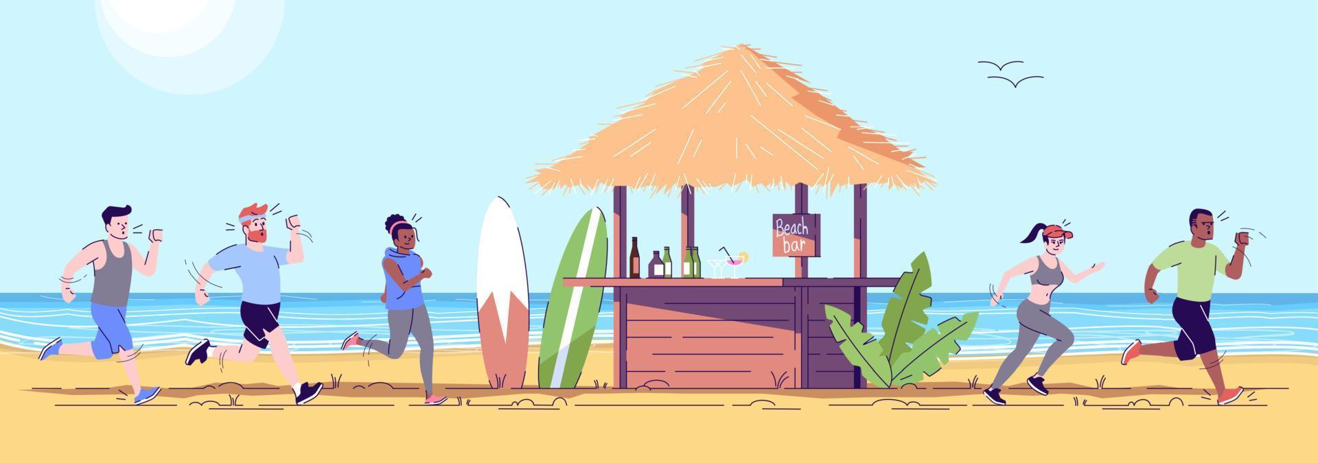 persone che fanno jogging in riva al mare illustrazione doodle piatto. corridori che passano accanto al bar sulla spiaggia. turisti che fanno sport in riva al mare. personaggio dei cartoni animati 2d turismo indonesia con contorno per uso commerciale vettore