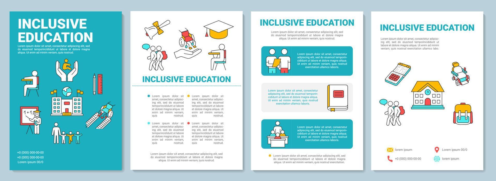 modello di brochure di educazione inclusiva. programma di apprendimento per disabili. volantino, opuscolo, stampa di volantini, copertina con icone lineari. layout vettoriali per riviste, relazioni annuali, manifesti pubblicitari