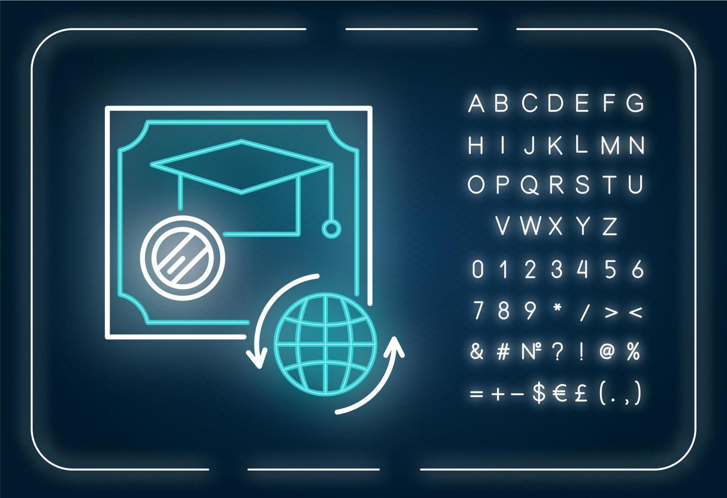 icona della luce al neon del diploma. certificato scolastico. conferma di laurea. documento accademico. effetto luminoso esterno. firmare con alfabeto, numeri e simboli. illustrazione di colore rgb isolato vettoriale