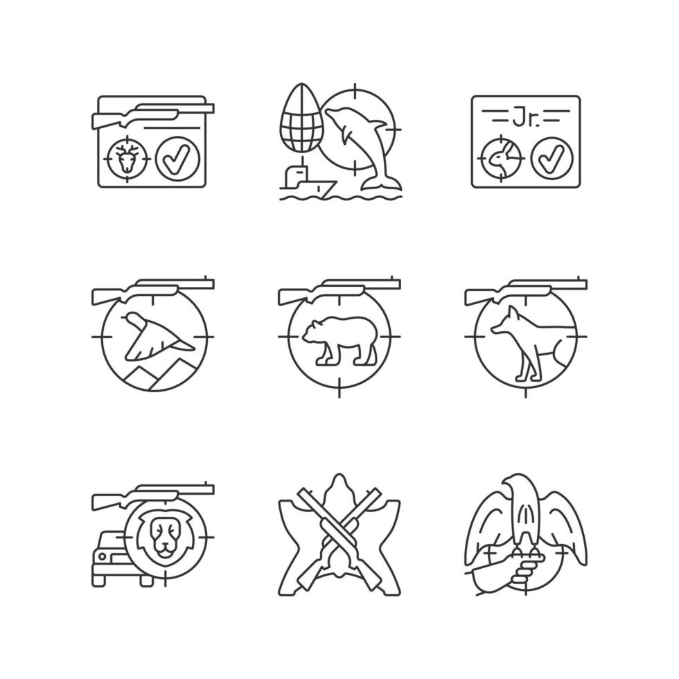 set di icone lineari a caccia di animali selvatici. caccia grossa e piccola. tiro con fucile e pistola. simboli di contorno linea sottile personalizzabili. illustrazioni di contorno vettoriale isolato. tratto modificabile