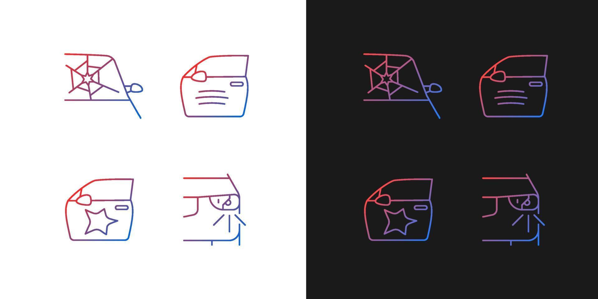 tipi di incidenti automobilistici icone sfumate impostate per la modalità scura e chiara. danni al parabrezza. graffio sulla macchina. pacchetto di simboli di contorno a linea sottile. raccolta di illustrazioni vettoriali isolate su bianco e nero