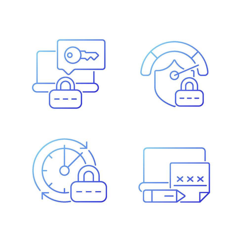 set di icone vettoriali lineari gradiente di password del computer portatile. requisito di sicurezza del computer. riservatezza in linea. gestione delle password. pacchetto di simboli di contorno a linea sottile. raccolta di illustrazioni di contorno isolato