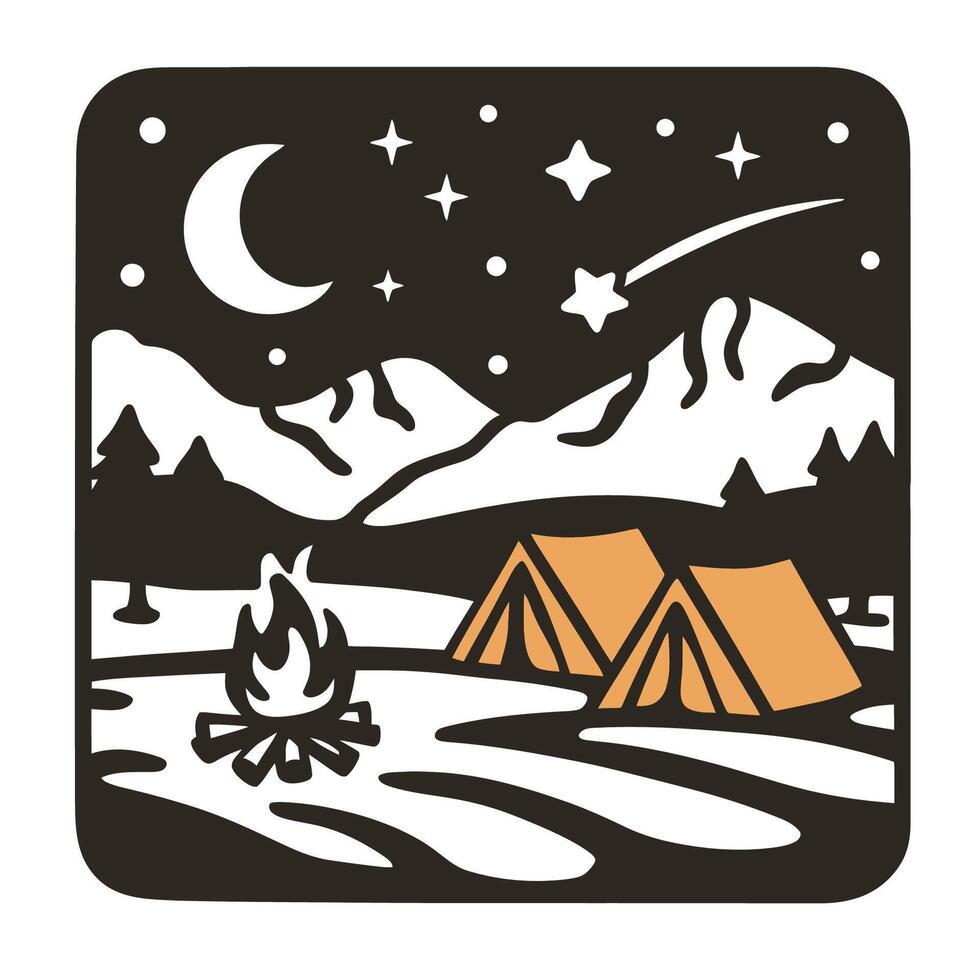 campeggio nel nevoso montagne con tende su un' stellato notte illustrazione vettore